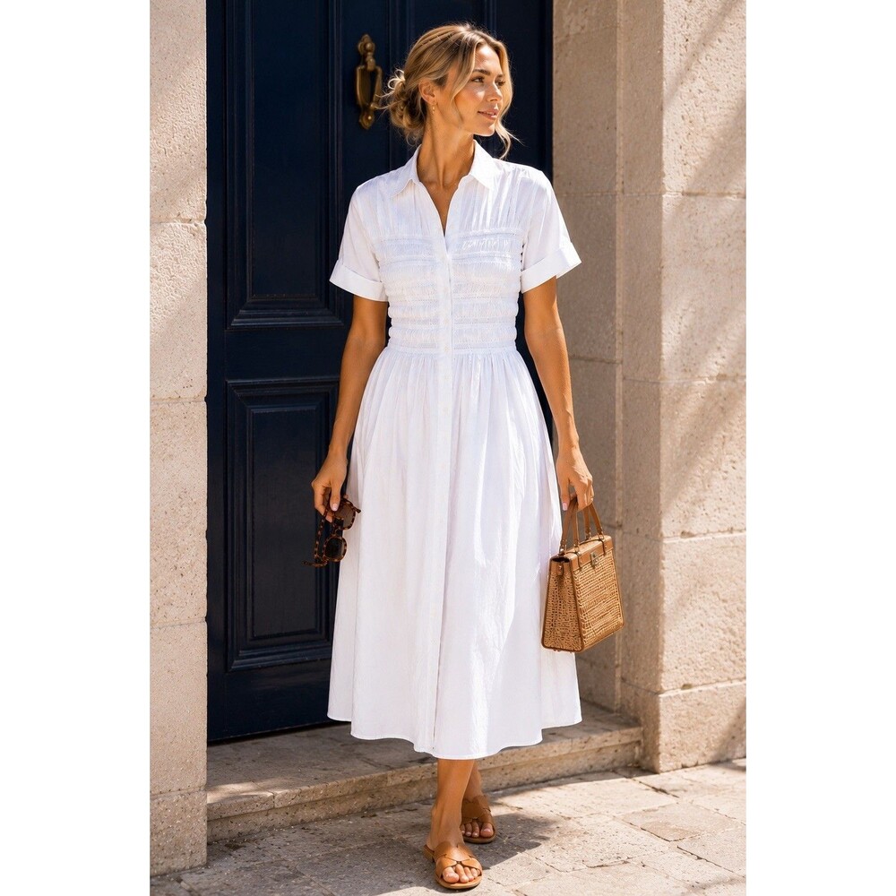 J Crew Elsie Shirt Dress Womens XXS Petite White Cotton Poplin Smocked CT265